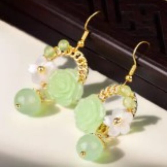 Agate Dangle Earrings Natural Gemstones Resin Shell Flowers Nickel-Free Copper - Picture 6 of 9